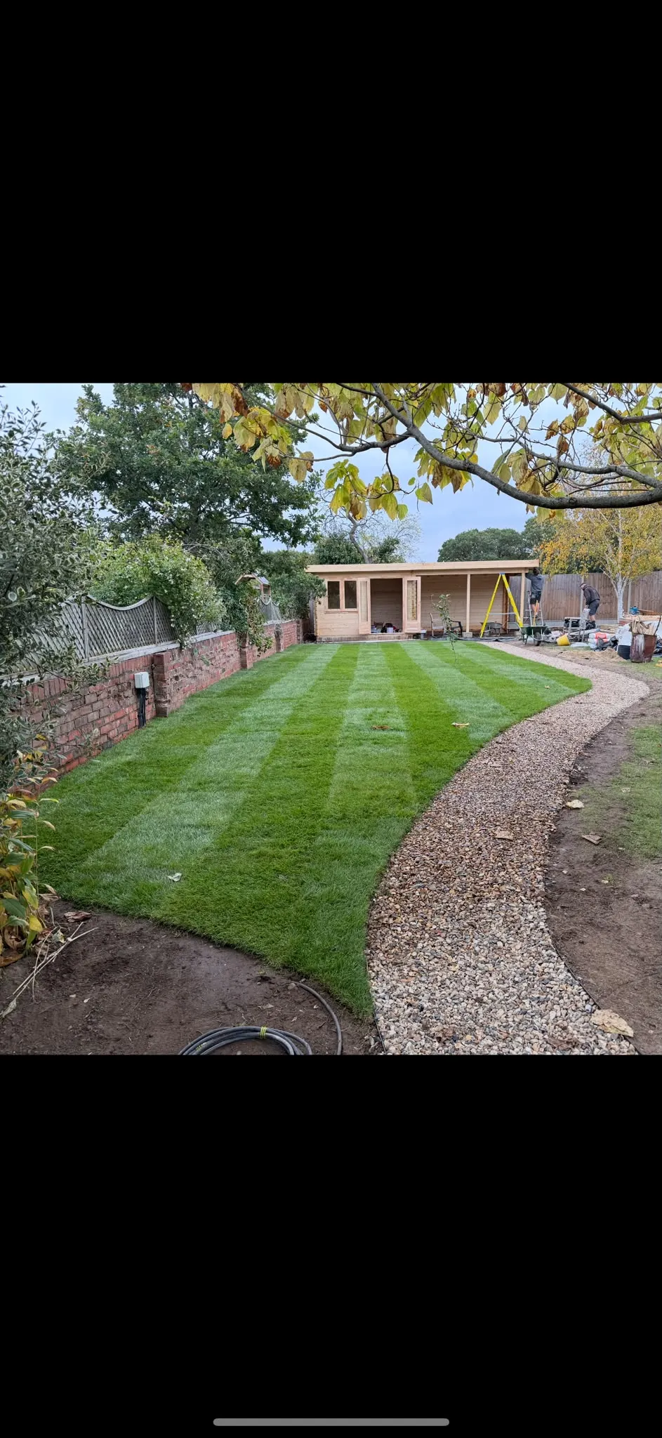 Freshly laid striped lawn with summerhouse turfed by Prestige Landscapes